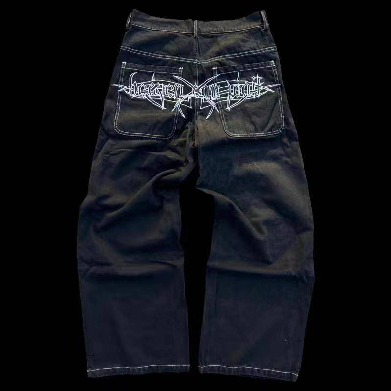 Unisex Street Hip Hop Gothic Bestickte Herren Jeans Y2K Harajuku Lässig Locker Gerade Weites Bein Hose Punk Rock Denim Hose L schwarz von Joom DACH