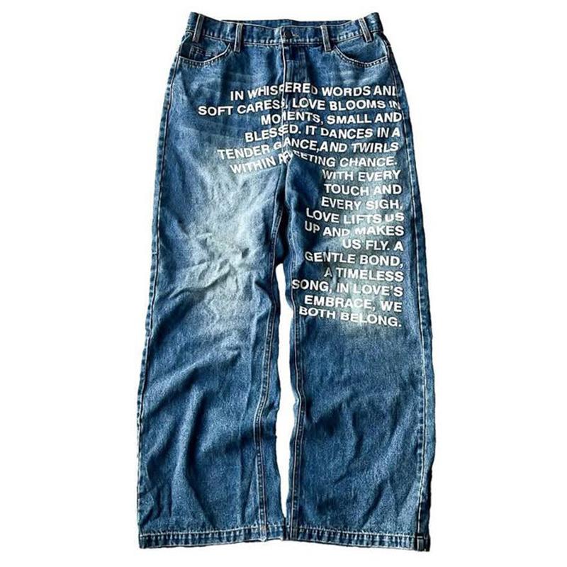 Unisex Vintage Buchstaben-Print Damen Herren Jeans Y2k Harajuku Gewaschen Weites Bein Amerikanischer Stil Denimhose Baggy Hip Hop Streetwear XXL blau von Joom DACH