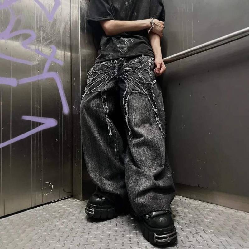 Unisex Y2k Gothic Vintage Jeans Spinne Bestickte Gespleißte Jeanshose im amerikanischen Stil Baggy Wide Leg Hip Hop Streetwear L schwarz von Joom DACH