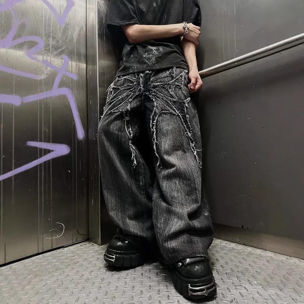 Unisex Y2k Gothic Vintage Jeans Spinne Bestickte Gespleißte Jeanshose im amerikanischen Stil Baggy Wide Leg Hip Hop Streetwear XL schwarz von Joom DACH