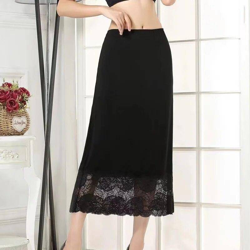 Unterrock Modal Damen Halblanger Rock Spitzen Slip Innenbekleidung Kurzer Rock Damen Halb Slip Kleid Petticoat One Size schwarz von Joom DACH
