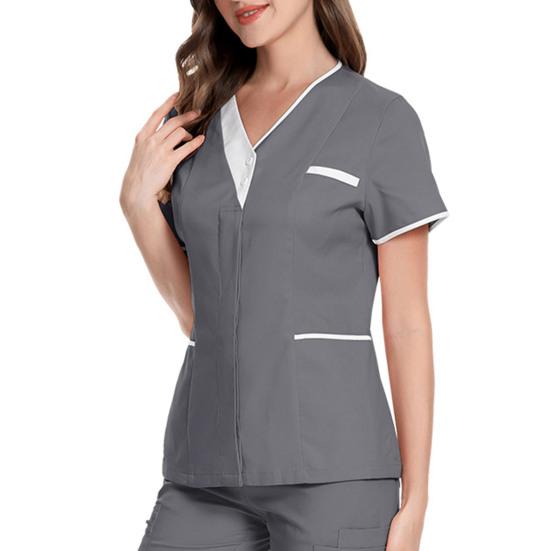 V-Ausschnitt Kurzarm Krankenhaus Krankenschwester Tops Patchwork Farbe Taschen Knöpfe Ausschnitt Tops Dental Chirurgie Tops Arbeitskleidung L grau von Joom DACH