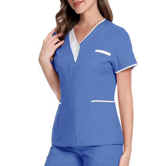 V-Ausschnitt Kurzarm Krankenhaus Krankenschwester Tops Patchwork Farbe Taschen Knöpfe Ausschnitt Tops Dental Chirurgie Tops Arbeitskleidung M blau von Joom DACH