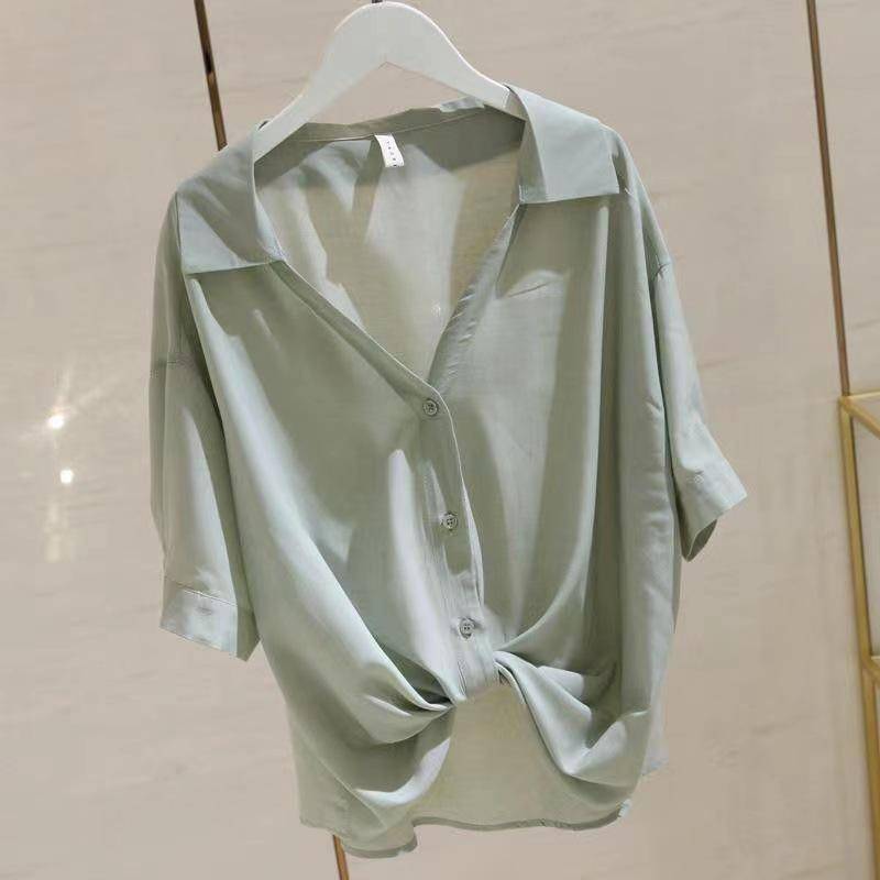 V-Ausschnitt Shirt Kurzarm Damen Sommer Neue koreanische Version locker und schlank Chiffon dünne Top XL hellgrüne von Joom DACH