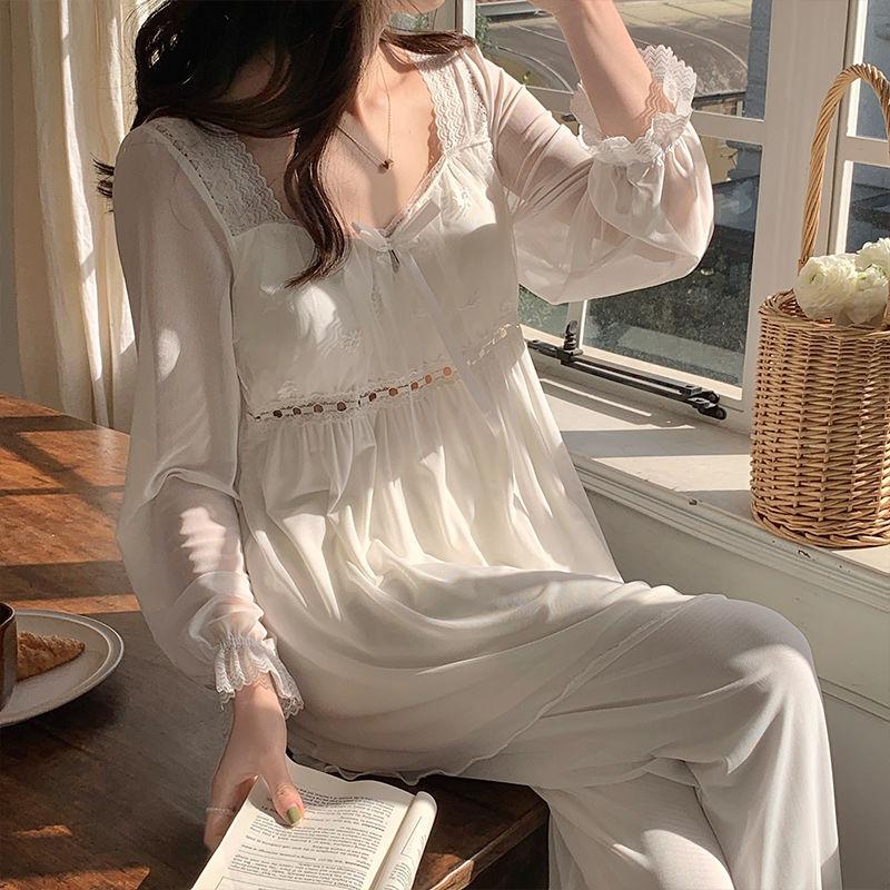 V-Ausschnitt Sommerpyjama für Damen Pyjama Damen Frühling und Herbst Langarm Modal Spitze Mesh Süßes Home Dress Set im Prinzessinnenstil M von Joom DACH