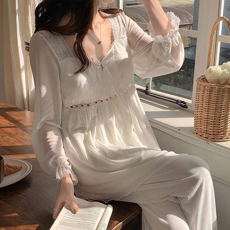 V-Ausschnitt Sommerpyjama für Damen Pyjama Damen Frühling und Herbst Langarm Modal Spitze Mesh Süßes Home Dress Set im Prinzessinnenstil M von Joom DACH