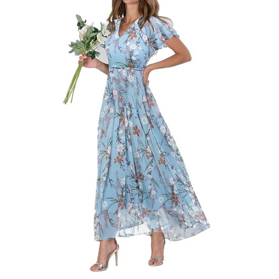 V-ausschnitt Rüschen Kurzarm Maxi Kleid Taille Enge High-taille Flowy Saum Süße Blumen Druck Chiffon Kleid Weibliche Kleidung XL see-blaue von Joom DACH