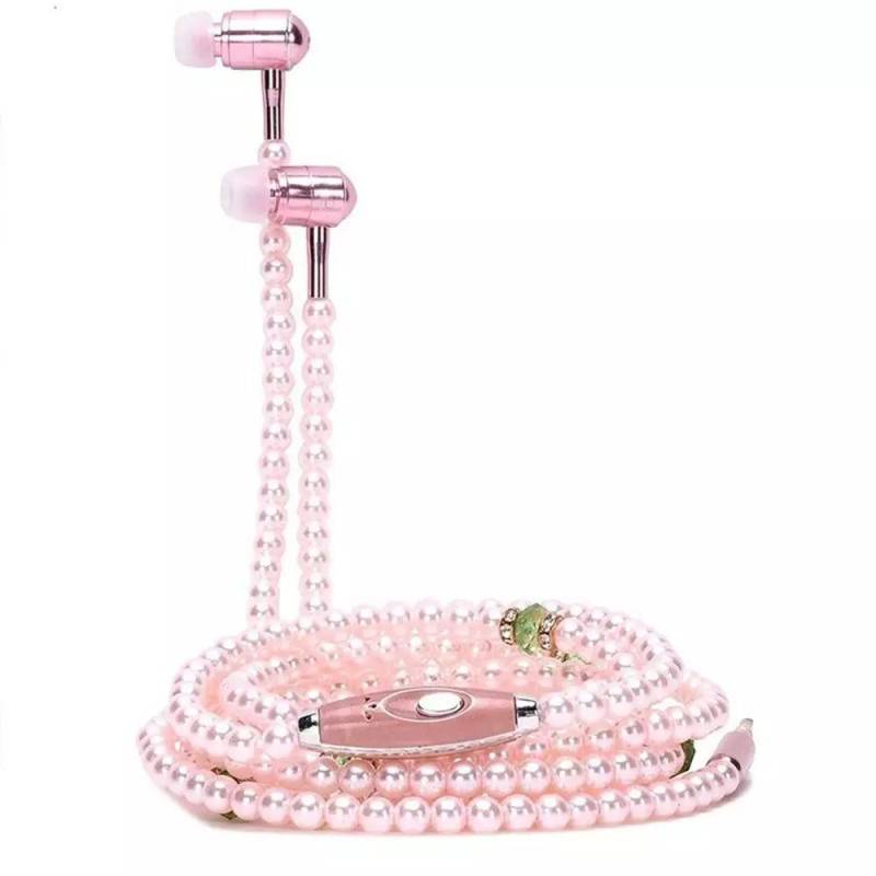 VAORLO Perlenkette Kopfhörer In-Ear Rosa Strass Halskette Schmuck Perlen Kopfhörer mit Mikrofon für Samsung Xiaomi Mädchen Geschenke rosa von Joom DACH