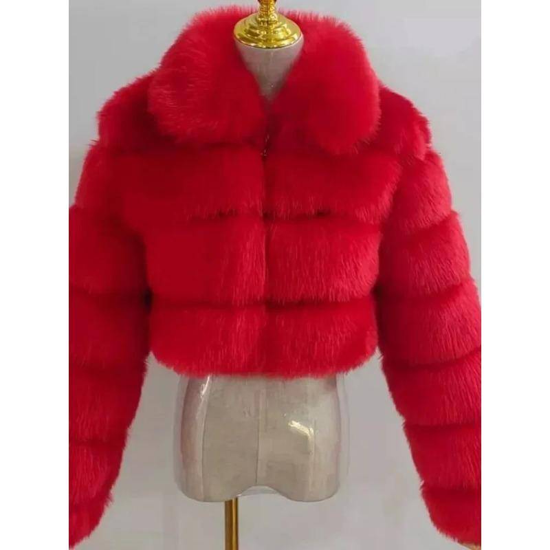 VAYLA Lässiger Weißer Schwarzer Flauschiger Herbst Winter Kunstpelzmantel Damen Kurze Jacke Langarm Cropped Puffer Pelzjacke Für Damen Oberbekleidung XXXXXL rot von Joom DACH