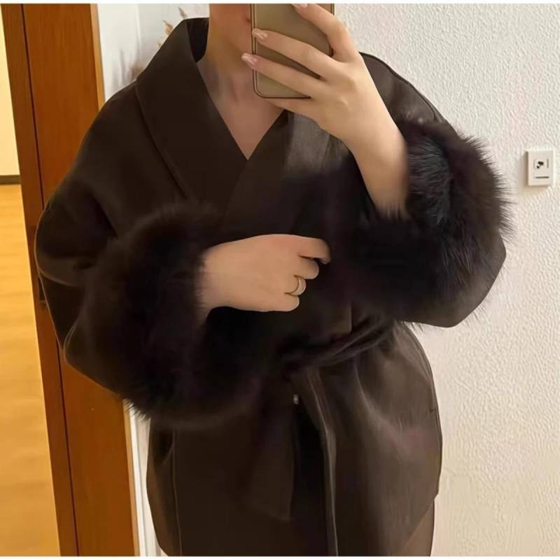 VAYLA Schicker Revers-Plüschmantel mit Gürtel Damen Vintage Uni Faux-Fur-Ärmel Tweed Offene Mäntel Weiblich Herbst Lässig Street Oberbekleidung M braun von Joom DACH