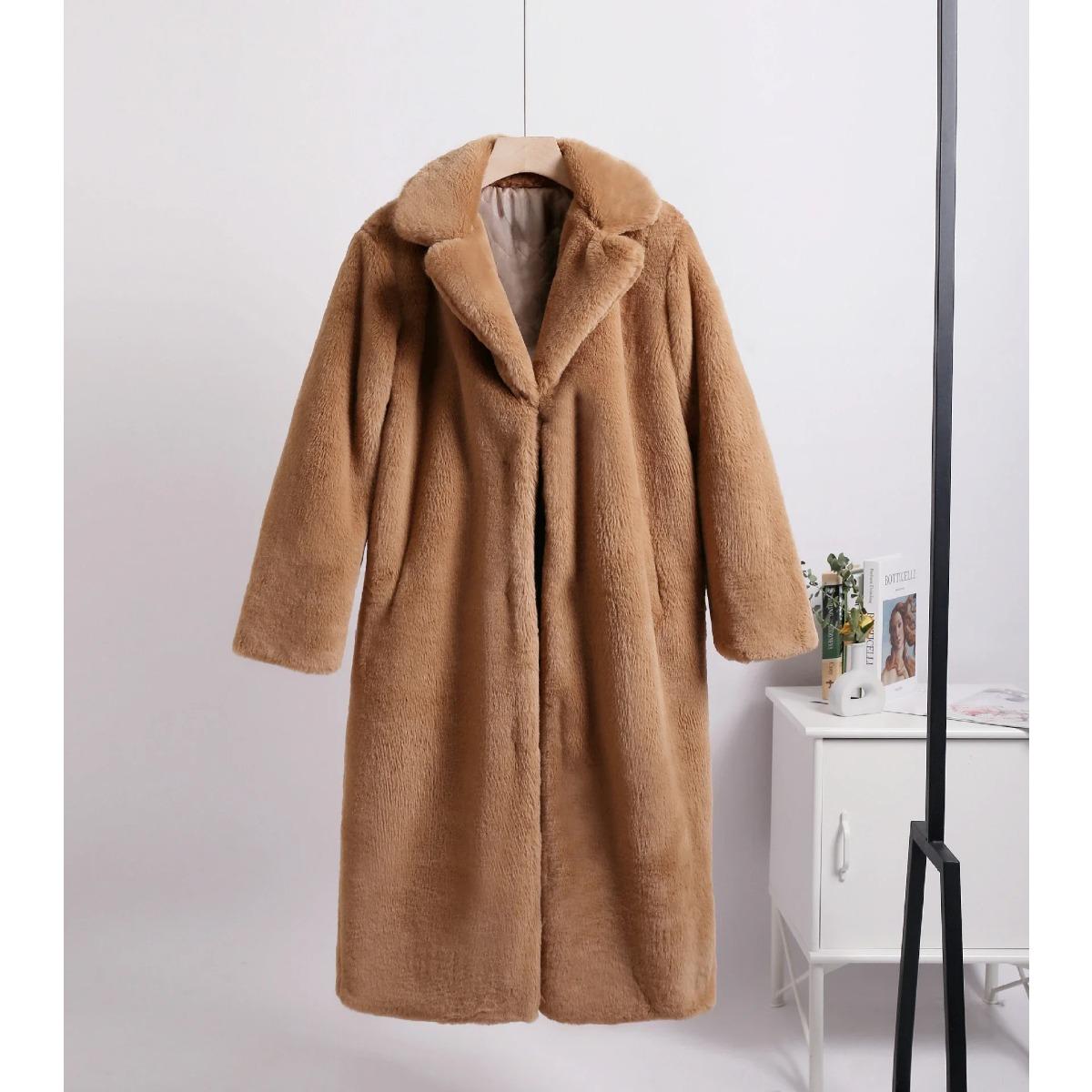 VAYLA Winter Damen Hochwertiger Faux Kaninchen Luxus Langer Pelzmantel Revers Übermantel Dick Warm Weiblich Plüschjacke Große Größe 5XL S kamelfarben von Joom DACH