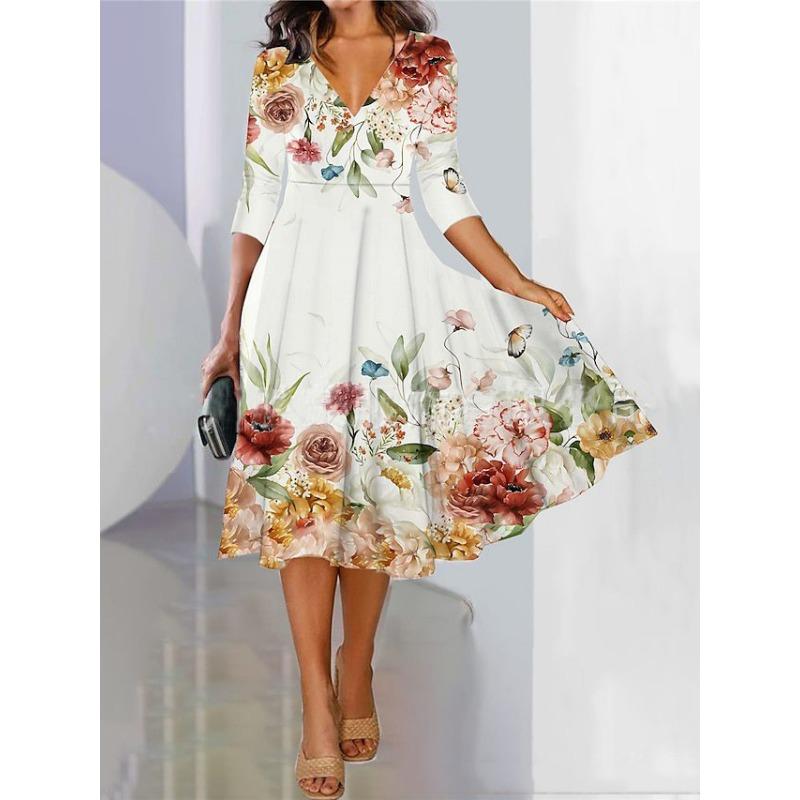 VEZFAA Damenmode Frühling Herbst Blumenmuster Druck 3/4 Ärmel V-Ausschnitt Mittlere Taille Lässige Kleider L von Joom DACH