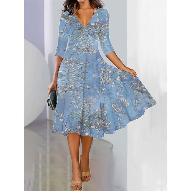 VEZFAA Damenmode Frühling Herbst Blumenmuster Druck 3/4 Ärmel V-Ausschnitt Mittlere Taille Lässige Kleider S von Joom DACH