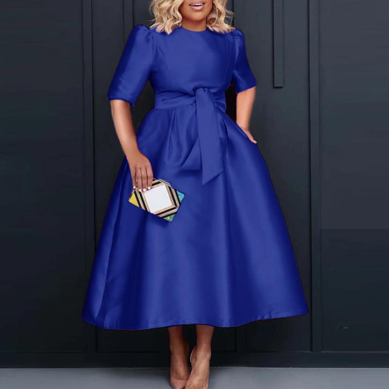 VONDA Damen Große Größe Rundhals Kurzarm Krawatte Einfarbig Lose Kleider 4XL blau von Joom DACH