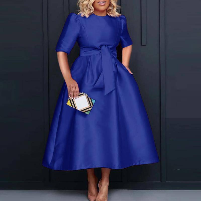 VONDA Damen Große Größe Rundhals Kurzarm Krawatte Einfarbig Lose Kleider 4XL blau von Joom DACH