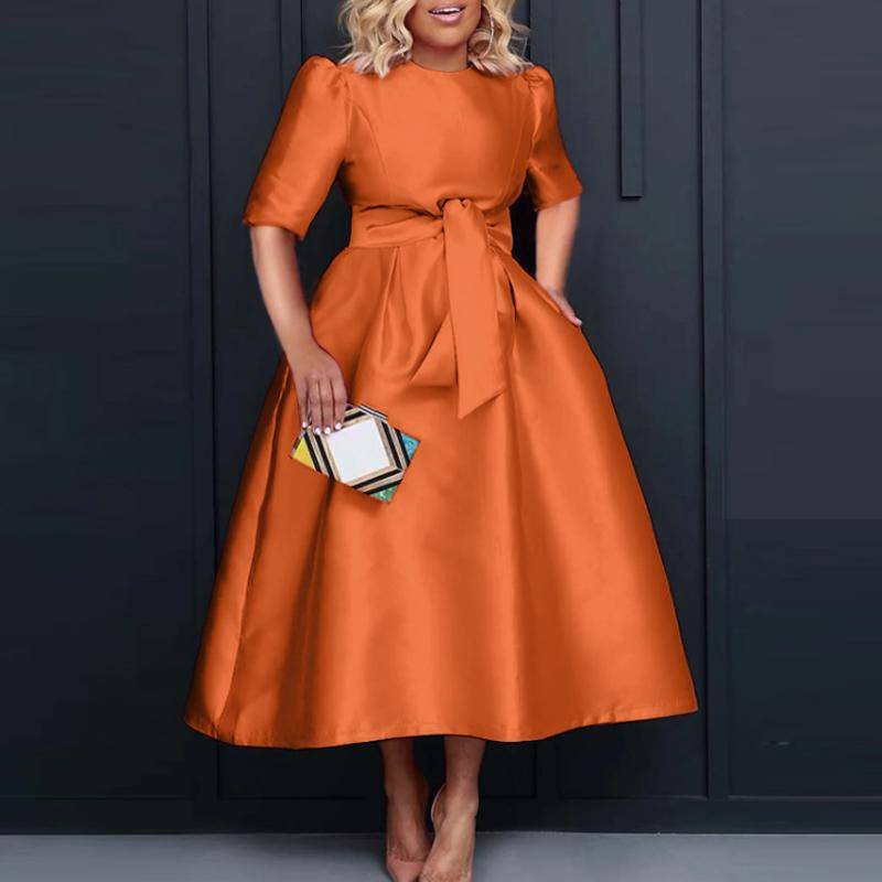 VONDA Damen Große Größe Rundhals Kurzarm Krawatte Einfarbig Lose Kleider 4XL orange von Joom DACH