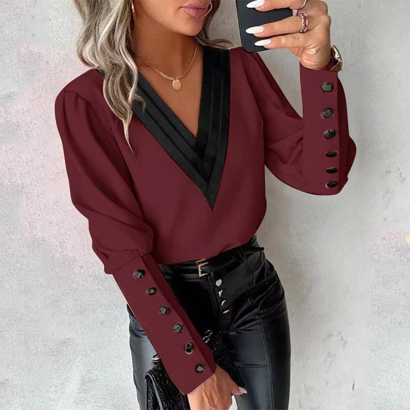 VONDA Damen Herbst V-Ausschnitt Langarm Dekorierte Manschette Blusen 4XL rot von Joom DACH