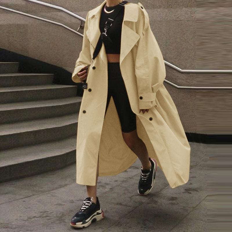 VONDA Frauen Vintage Anzug Kragen Langarm Einfarbig Lange Trenchcoats M khaki von Joom DACH