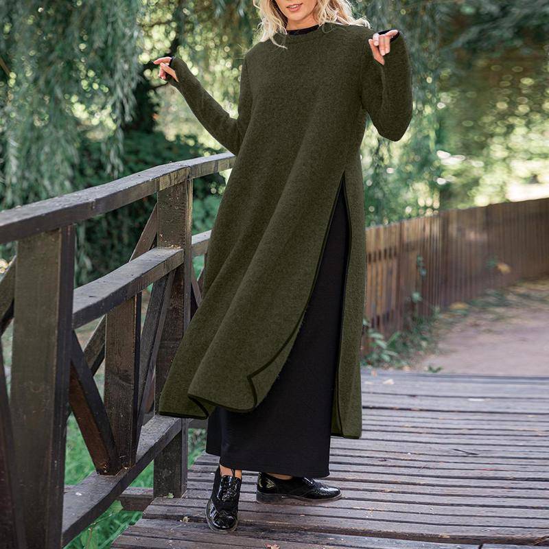 VONDA Herbst Damen Warm Langes Kleid Pullover Rundhalsausschnitt Seitenschlitz Langarm Einfarbig Lässig Lose Plus Size 4XL armee grüne von Joom DACH