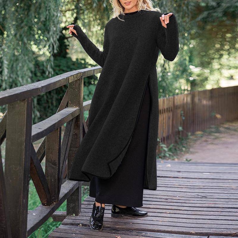 VONDA Herbst Damen Warm Langes Kleid Pullover Rundhalsausschnitt Seitenschlitz Langarm Einfarbig Lässig Lose Plus Size L schwarz von Joom DACH