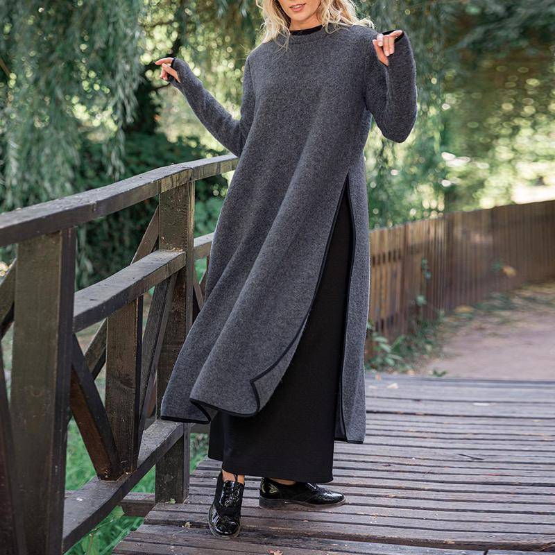 VONDA Herbst Damen Warm Langes Kleid Pullover Rundhalsausschnitt Seitenschlitz Langarm Einfarbig Lässig Lose Plus Size S dunkelgrau von Joom DACH