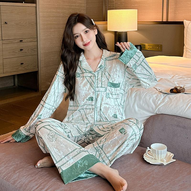 Velours-Pyjama-Anzug für Damen, 2-teilig, Herbst/Winter, neues Schlafset, luxuriöses Design, Loungewear, Hose, Print, Homewear, Nachtwäsche M von Joom DACH