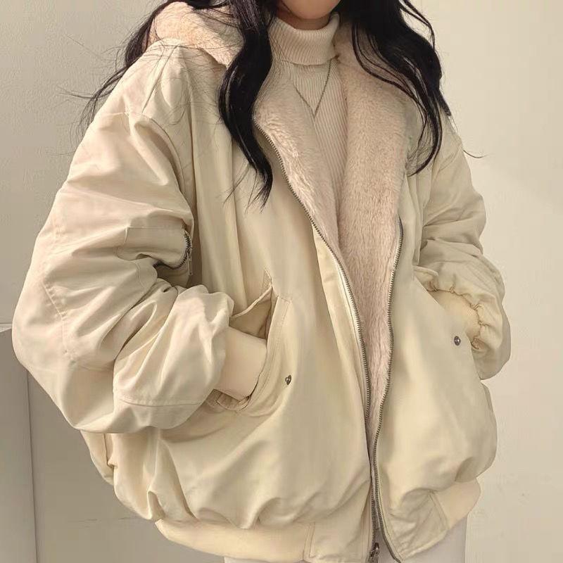 Verdicken Sie Parkas für Damen im Herbst und Winter, lässige Kapuzenjacke, bequeme Doppelschicht, koreanischer Stil, einfache, feste, warme, süße Mäntel M beige von Joom DACH