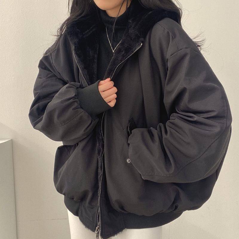 Verdicken Sie Parkas für Damen im Herbst und Winter, lässige Kapuzenjacke, bequeme Doppelschicht, koreanischer Stil, einfache, feste, warme, süße Mäntel XXXL schwarz von Joom DACH