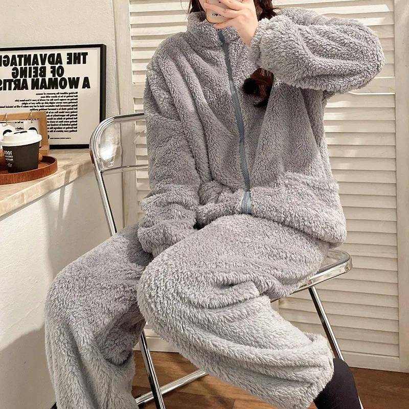 Verdicken Sie Plüsch Coral Fleece Nachtwäsche Hosenanzüge Herbst Winter Damen 2-teiliges Pyjama-Set Lässiger Rollkragen Flanell Home Wear XL grau von Joom DACH