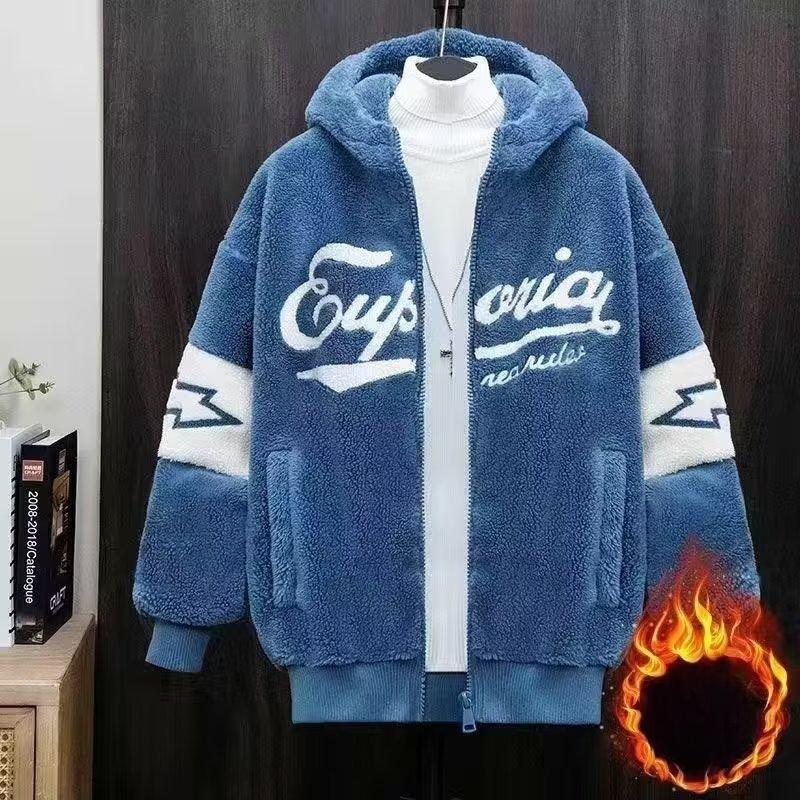 Verdickte, mit Fleece gefütterte Jacke für Herren, lässiges Winter-Sweatshirt mit lockerer Passform, Jugendmode, trendige Herren-Oberbekleidung L blau von Joom DACH