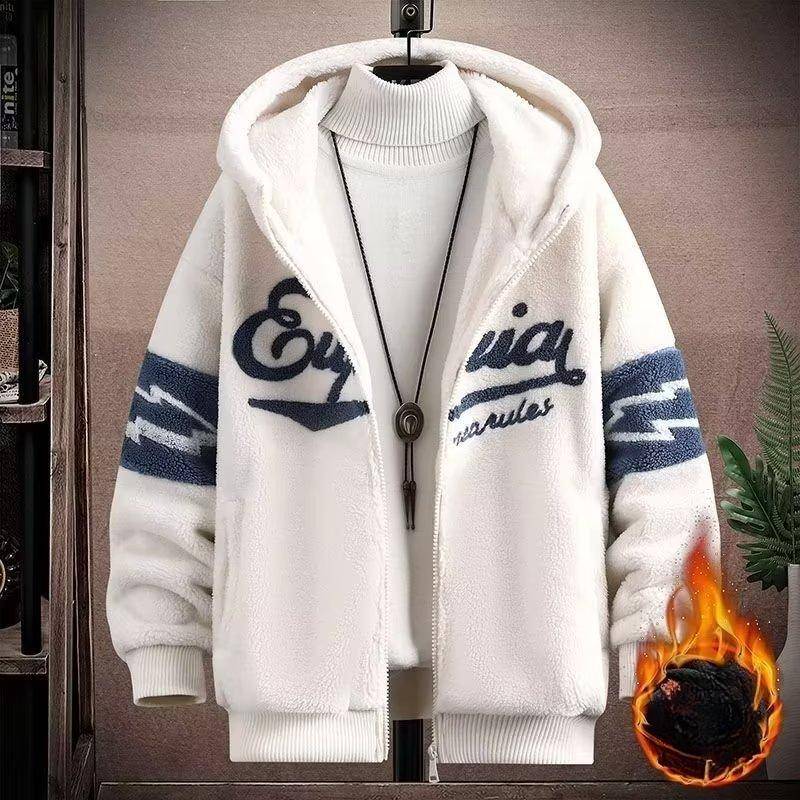 Verdickte, mit Fleece gefütterte Jacke für Herren, lässiges Winter-Sweatshirt mit lockerer Passform, Jugendmode, trendige Herren-Oberbekleidung XL weiß von Joom DACH