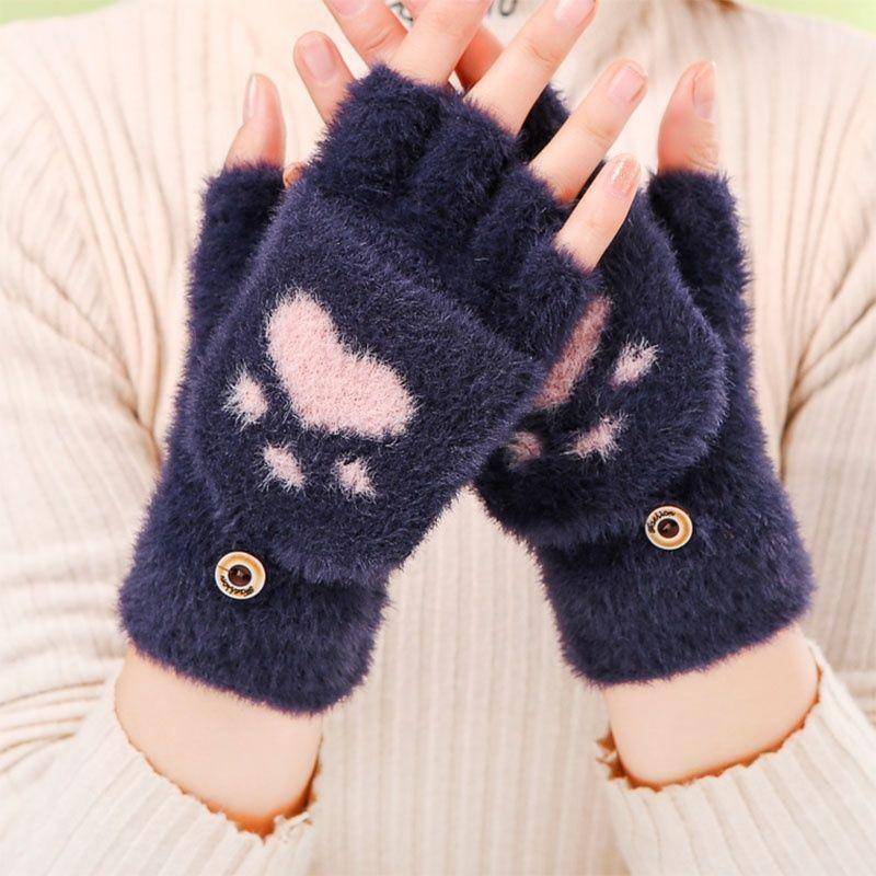 Verdickte Damen Warme Katzenhandschuhe Mode Mädchen Katzenkralle Pfote Plüsch Fäustlinge Weiche Plüsch Kurze Halbfinger Winterhandschuhe navy blau von Joom DACH
