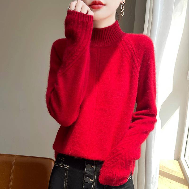 Verdickte Strickjacke mit halbohem Kragen für Damen im Herbst und Winter, neue modische und vielseitige warme Kaschmir-Strick-Basispullover XXL rot von Joom DACH