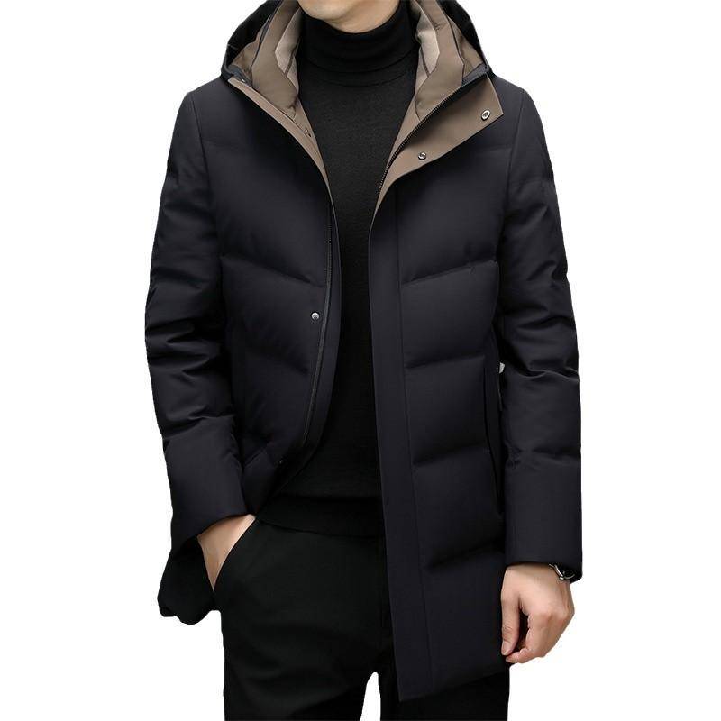 Verdickte mittlere und lange Daunenjacke aus Nylon für Herren im Herbst und Winter, einfache, lässige Daunenjacke mit Kapuze XXXXL navy blau von Joom DACH