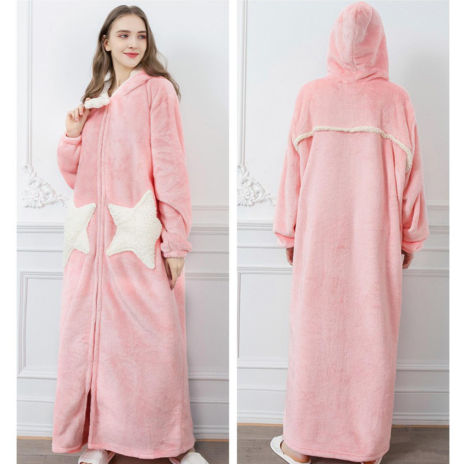 Verdickter Bademantel aus Fleece für Damen mit Kapuze, weicher, bequemer Plüsch-Bademantel, flauschig, süßer, langer Mantel, tägliche Loungewear, Nachthemd M rosa von Joom DACH