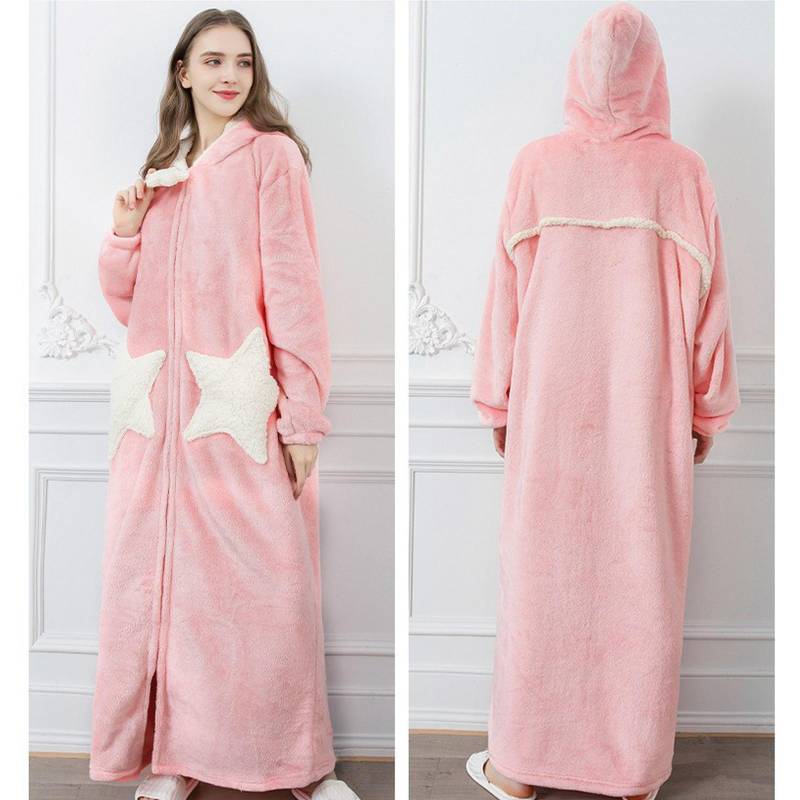 Verdickter Bademantel aus Fleece für Damen mit Kapuze, weicher, bequemer Plüsch-Bademantel, flauschig, süßer, langer Mantel, tägliche Loungewear, Nachthemd M rosa von Joom DACH