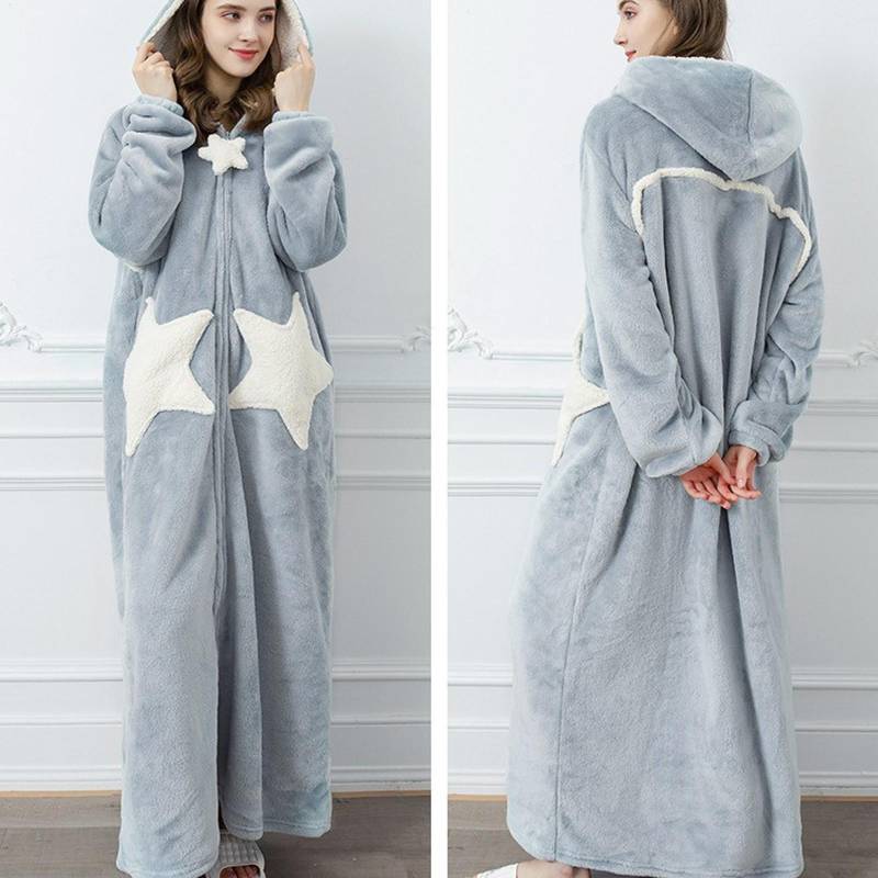 Verdickter Bademantel aus Fleece für Damen mit Kapuze, weicher, bequemer Plüsch-Bademantel, flauschig, süßer, langer Mantel, tägliche Loungewear, Nachthemd XL blau von Joom DACH