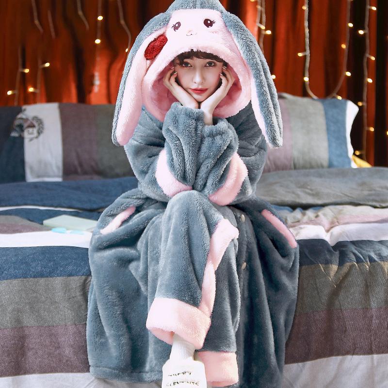 Verdickter Damen-Schlafanzug, warmer und süßer Pyjama mit Kapuze, Winter-Flanell-Kawaii-Hauskleidung für Damen, süße, weiche und schicke Bademäntel 2XL von Joom DACH