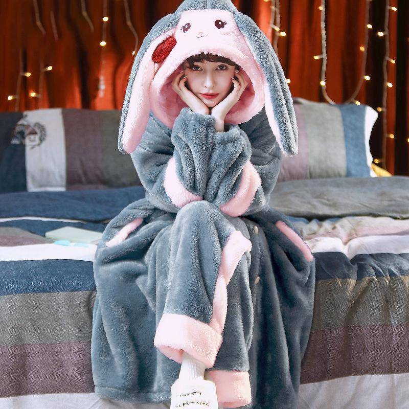 Verdickter Damen-Schlafanzug, warmer und süßer Pyjama mit Kapuze, Winter-Flanell-Kawaii-Hauskleidung für Damen, süße, weiche und schicke Bademäntel 2XL von Joom DACH