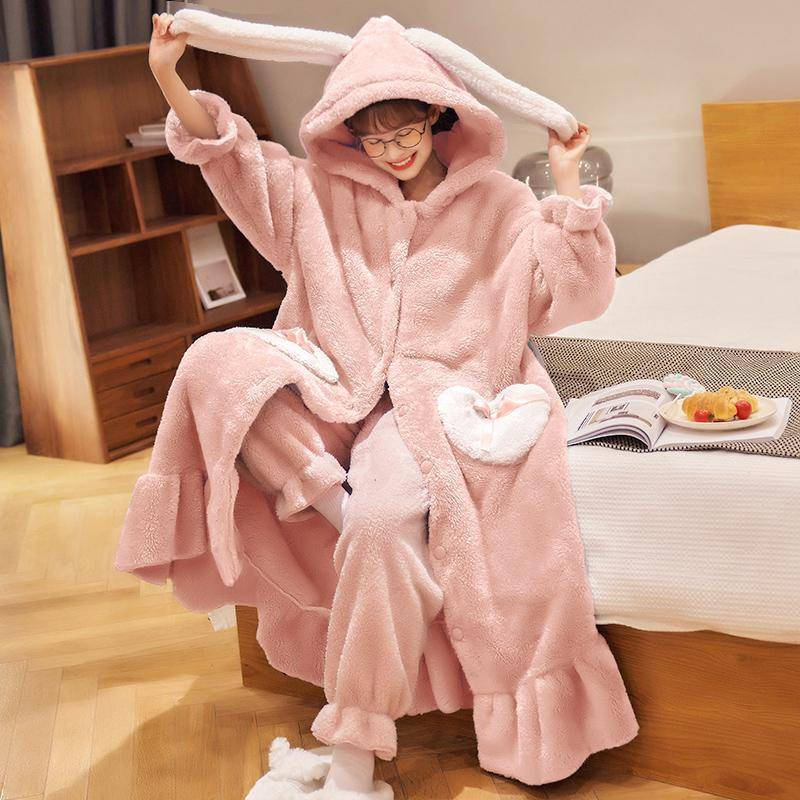 Verdickter Damen-Schlafanzug, warmer und süßer Pyjama mit Kapuze, Winter-Flanell-Kawaii-Hauskleidung für Damen, süße, weiche und schicke Bademäntel 2XL von Joom DACH