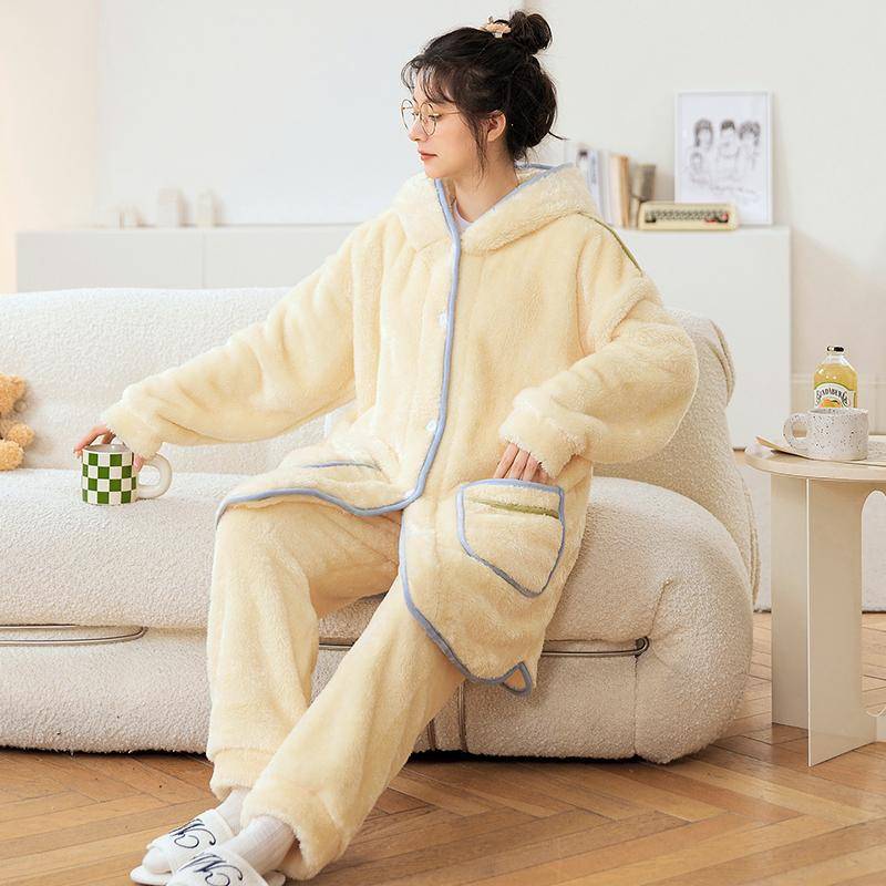 Verdickter Damen-Schlafanzug, warmer und süßer Pyjama mit Kapuze, Winter-Flanell-Kawaii-Hauskleidung für Damen, süße, weiche und schicke Bademäntel 2XL von Joom DACH