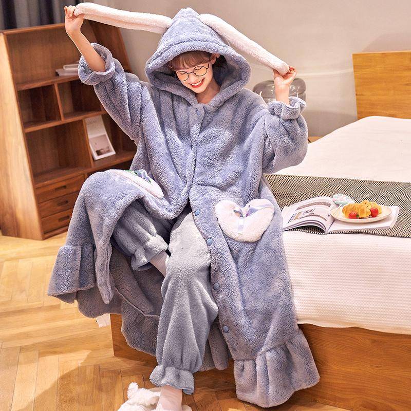 Verdickter Damen-Schlafanzug, warmer und süßer Pyjama mit Kapuze, Winter-Flanell-Kawaii-Hauskleidung für Damen, süße, weiche und schicke Bademäntel 2XL von Joom DACH