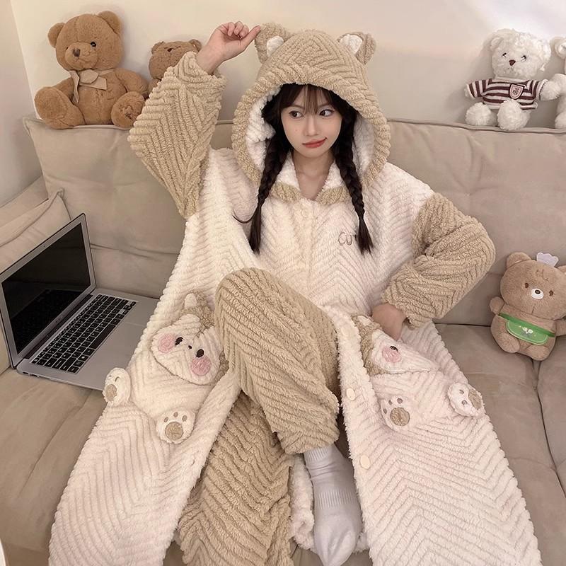 Verdickter Damen-Schlafanzug, warmer und süßer Pyjama mit Kapuze, Winter-Flanell-Kawaii-Hauskleidung für Damen, süße, weiche und schicke Bademäntel 2XL von Joom DACH