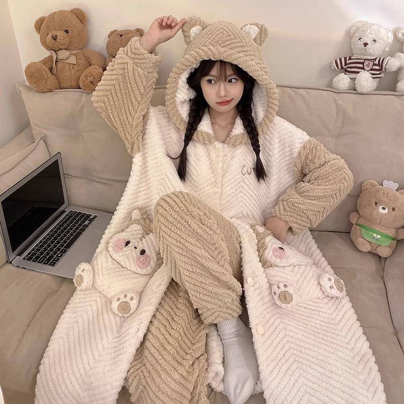 Verdickter Damen-Schlafanzug, warmer und süßer Pyjama mit Kapuze, Winter-Flanell-Kawaii-Hauskleidung für Damen, süße, weiche und schicke Bademäntel 2XL von Joom DACH