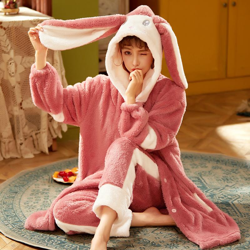 Verdickter Damen-Schlafanzug, warmer und süßer Pyjama mit Kapuze, Winter-Flanell-Kawaii-Hauskleidung für Damen, süße, weiche und schicke Bademäntel 2XL von Joom DACH