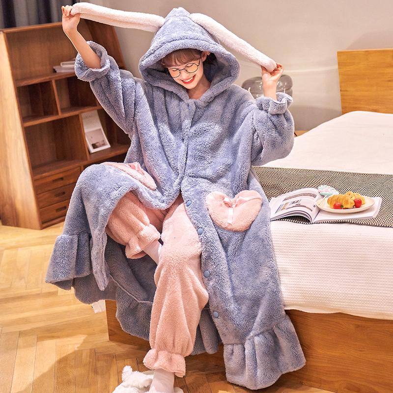 Verdickter Damen-Schlafanzug, warmer und süßer Pyjama mit Kapuze, Winter-Flanell-Kawaii-Hauskleidung für Damen, süße, weiche und schicke Bademäntel M von Joom DACH