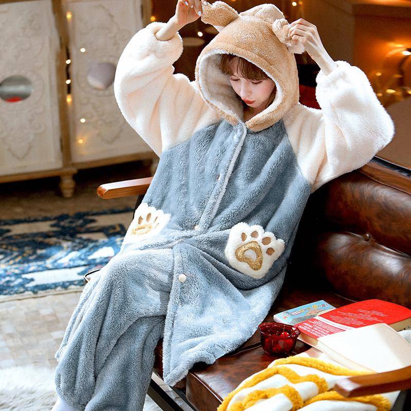 Verdickter Damen-Schlafanzug, warmer und süßer Pyjama mit Kapuze, Winter-Flanell-Kawaii-Hauskleidung für Damen, süße, weiche und schicke Bademäntel M von Joom DACH