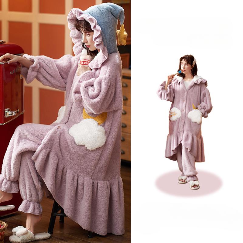 Verdickter Damen-Schlafanzug, warmer und süßer Pyjama mit Kapuze, Winter-Flanell-Kawaii-Hauskleidung für Damen, süße, weiche und schicke Bademäntel M von Joom DACH