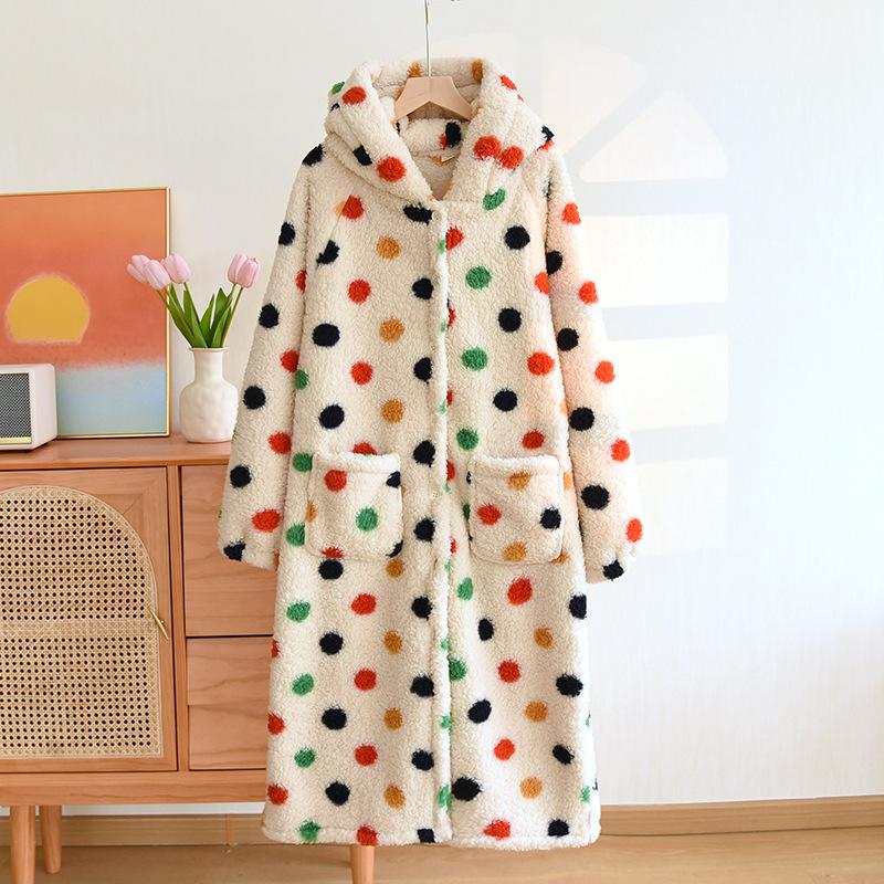 Verdickter Flanell-Pyjama für Damen, mit Punktmuster, Nachthemd, Hose, Pyjama, Bademantel, Kleid, lockerer Kimono, lockerer Bademantel für zu Hause XL von Joom DACH