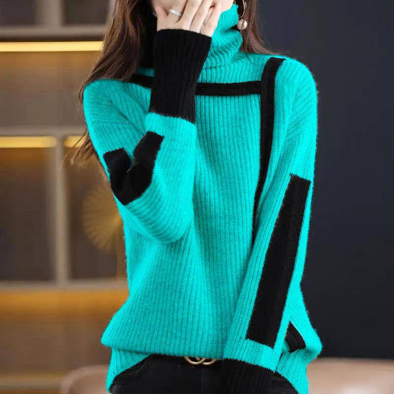 Verdickter Retro-Pullover Rollkragen Herbst und Winter Lockerer Pullover Innenstrickpullover Bottoming Top Damen 2XL see-blaue von Joom DACH
